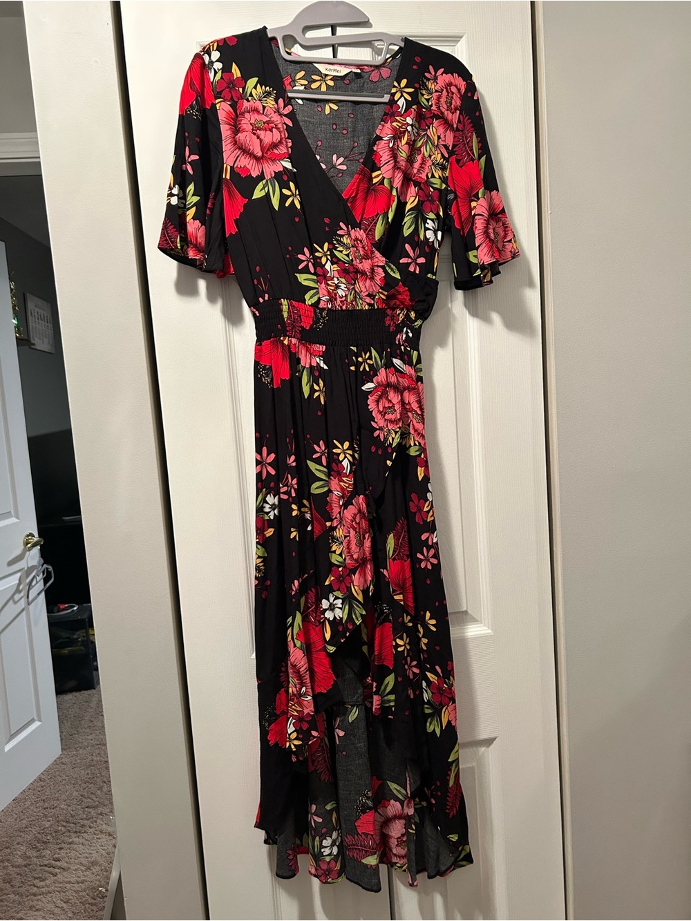 Black Floral Wrap Maxi Dress with Pink & Red Blooms